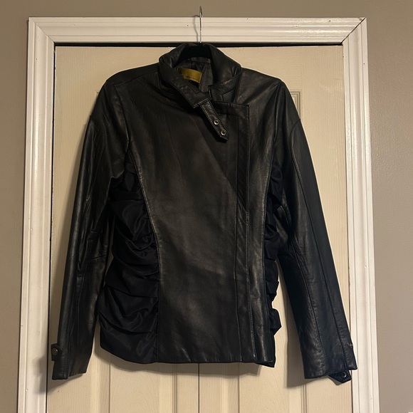 Nicole Miller Jackets & Blazers - Nicole Miller Black Fabric And Genuine Leather Moto Jacket with Gold Label